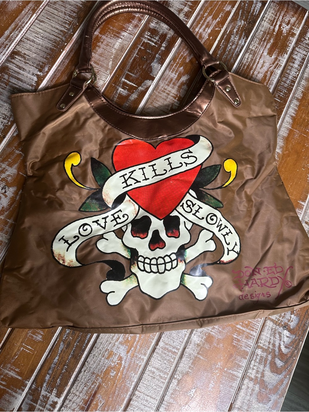 Ed Hardy Satin-Style Brown Tote Interior